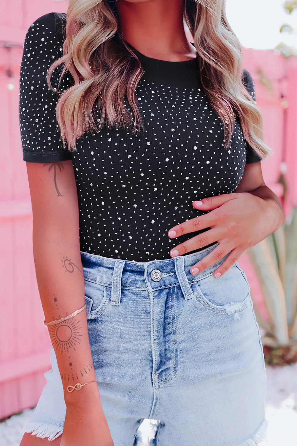 Short Sleeve Rhinestone Bodysuit