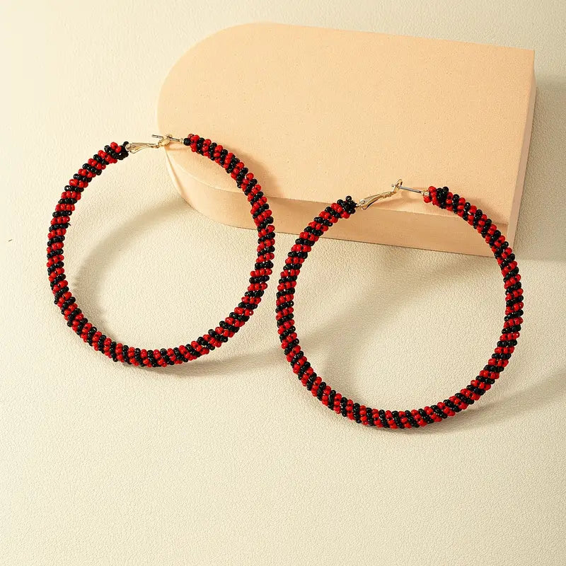 Beaded Hoop Earrings Black & Red