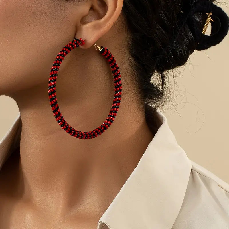 Beaded Hoop Earrings Black & Red